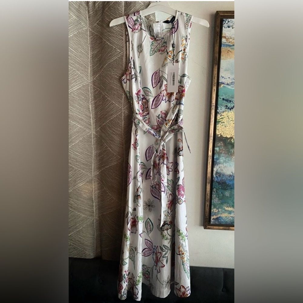 Karen Millen Sz 8 White Floral Midi Dress  Sleeveless Belt 100% Cotton  Zip NWT